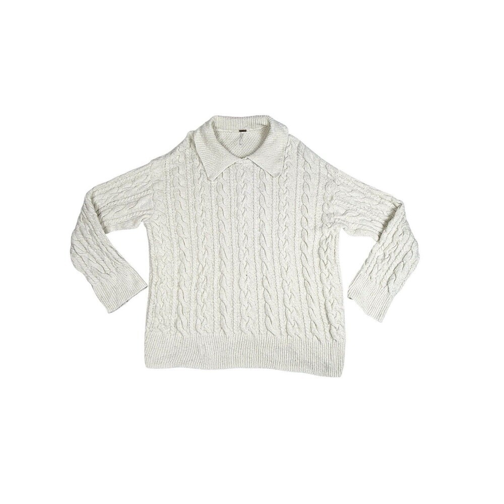 Free People Cable Knit Sweater Ivory Collared Pullover Chunky Knit XL